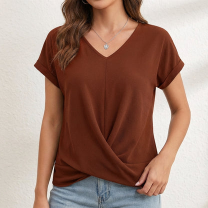 Women's Relaxed Fit V Neck Twist Front Cuffed Sleeves