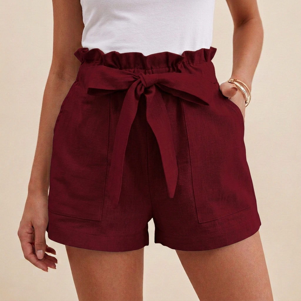 Women's Paperbag Waist Shorts Cotton Self-Tie Beige