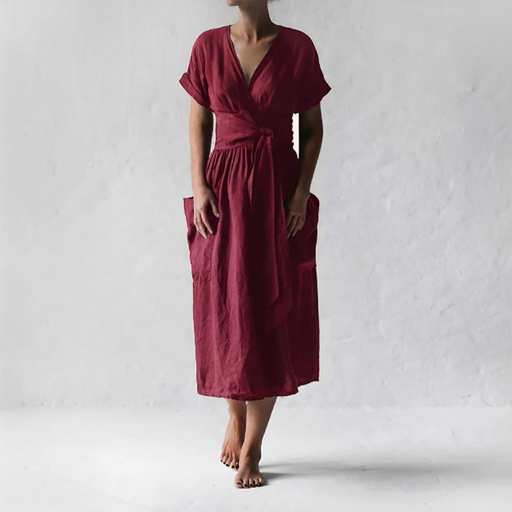 Women's Linen Midi Wrap Dress with Pockets