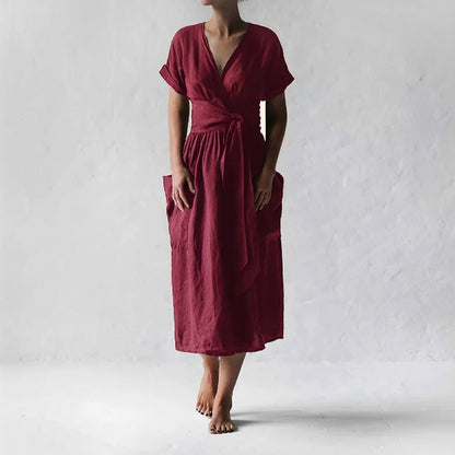 Women's Linen Midi Wrap Dress with Pockets