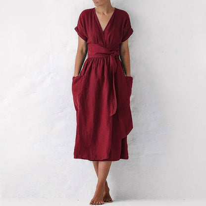 Women's Linen Midi Wrap Dress with Pockets