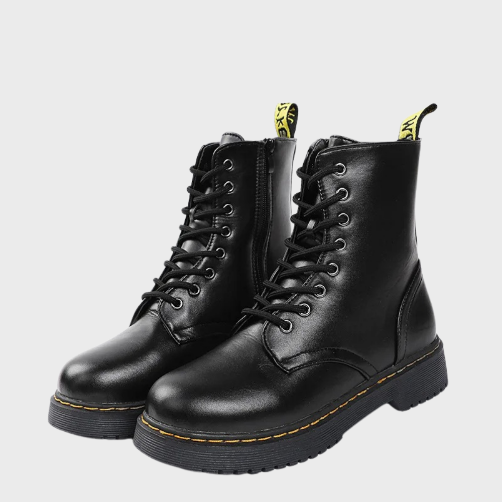 Women's Combat Boots Lace-Up Leather Side Zipper Black - VibreMode