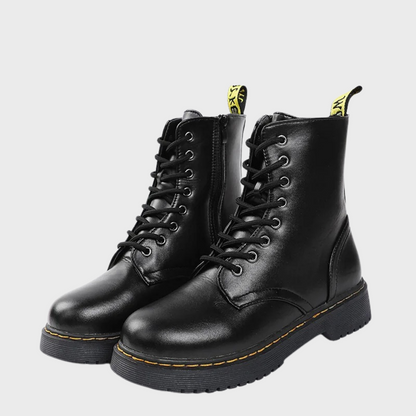 Women's Combat Boots Lace-Up Leather Side Zipper Black - VibreMode