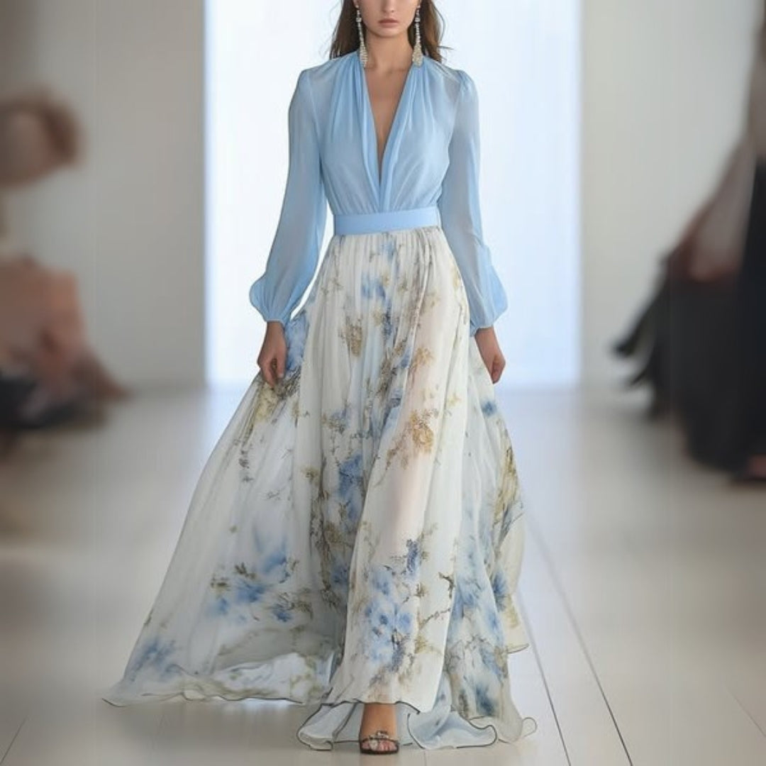 Elegant Floral V Neck Long Dress - VibreMode