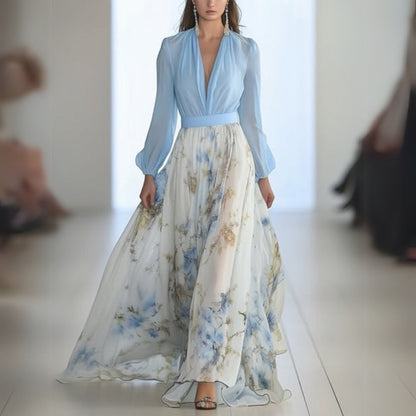 Elegant Floral V Neck Long Dress - VibreMode