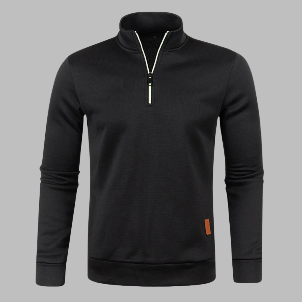 Zwarte heren sweater met halve rits, lange mouwen en opstaande kraag. Stijlvolle casual trui, ideaal voor herfst en winter. Comfortabele pasvorm.