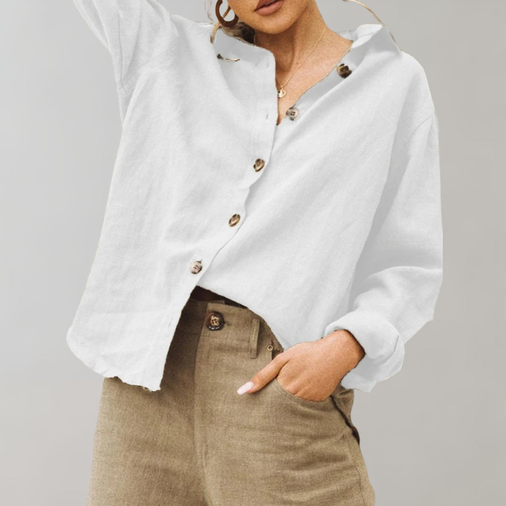 Women's Linen Blouse Relaxed Fit Classic Collar - VibreMode