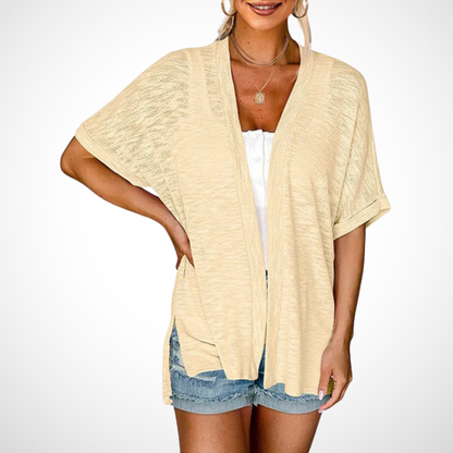 Women's Short Sleeve Cardigan Draped Neckline - VibreMode