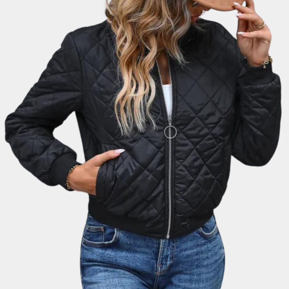 Women's Quilted Bomber Jacket Zip Front Ribbed Edges - VibreMode