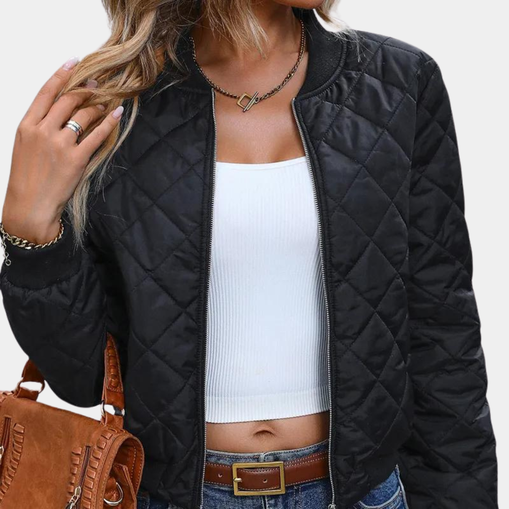 Women's Quilted Bomber Jacket Zip Front Ribbed Edges