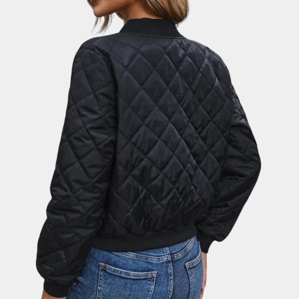 Women's Quilted Bomber Jacket Zip Front Ribbed Edges
