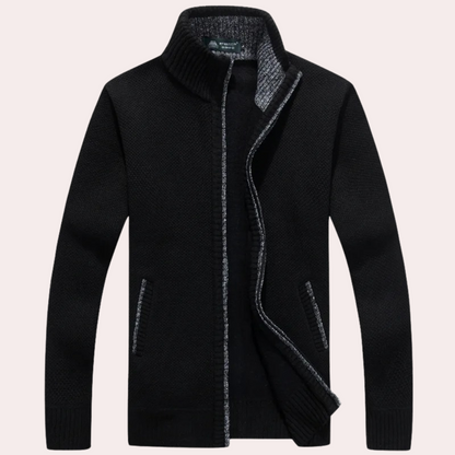 Men's Knitted Zip Cardigan Plaid Lining Mock Neck