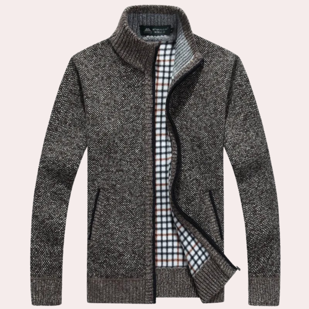 Men's Knitted Zip Cardigan Plaid Lining Mock Neck