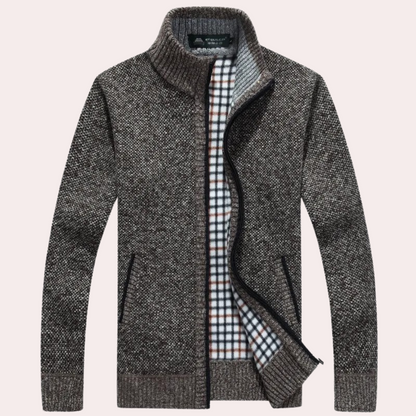 Men's Knitted Zip Cardigan Plaid Lining Mock Neck