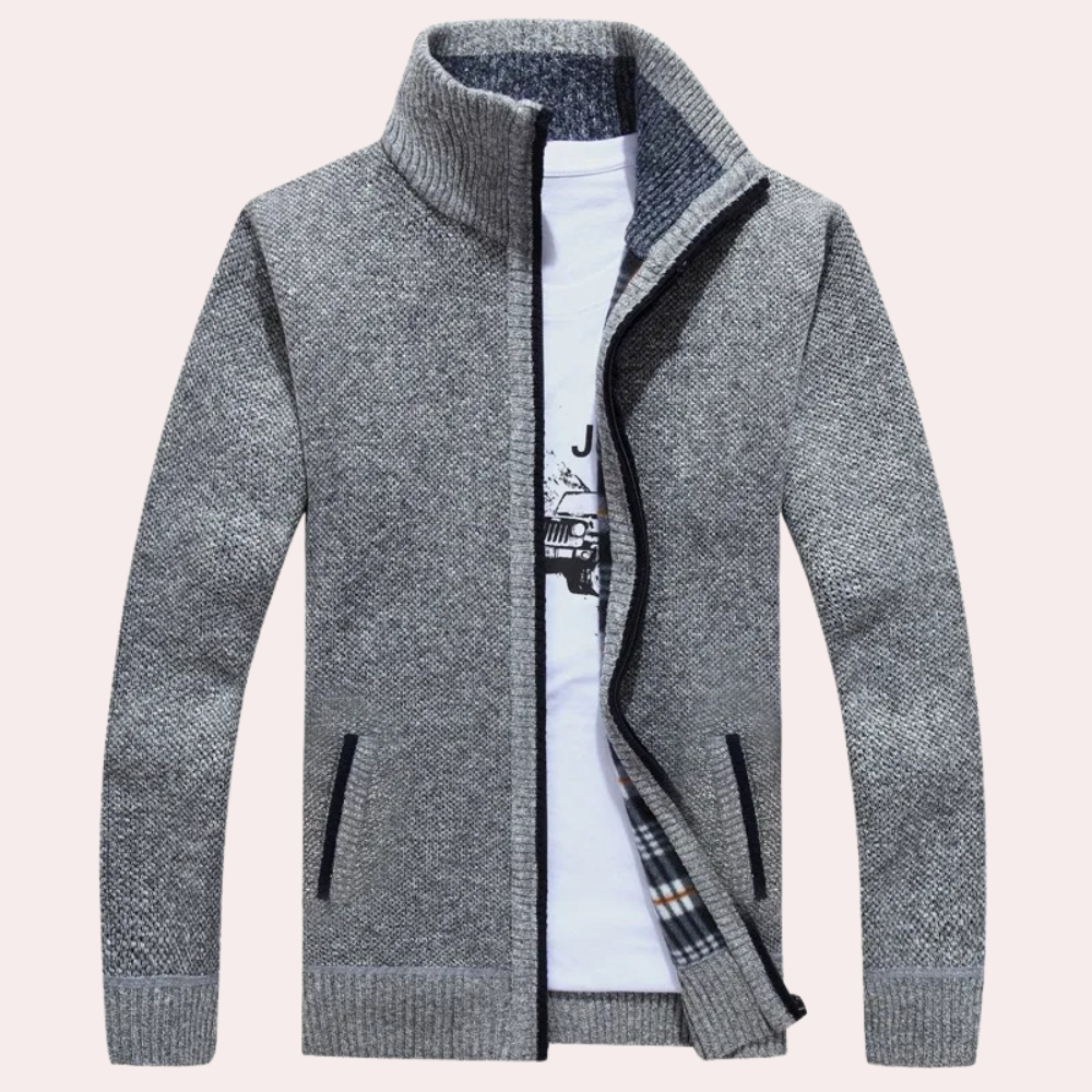 Men's Knitted Zip Cardigan Plaid Lining Mock Neck