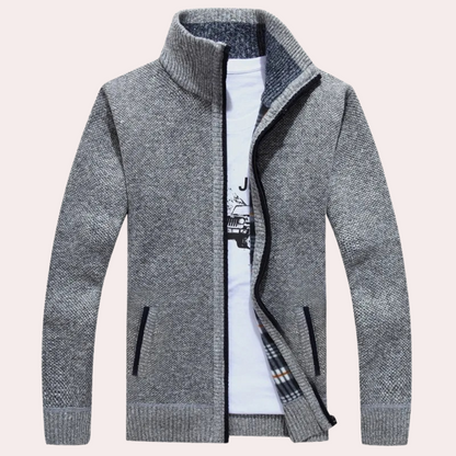 Men's Knitted Zip Cardigan Plaid Lining Mock Neck