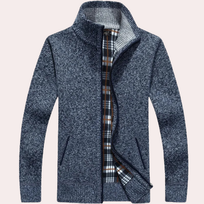 Men's Knitted Zip Cardigan Plaid Lining Mock Neck