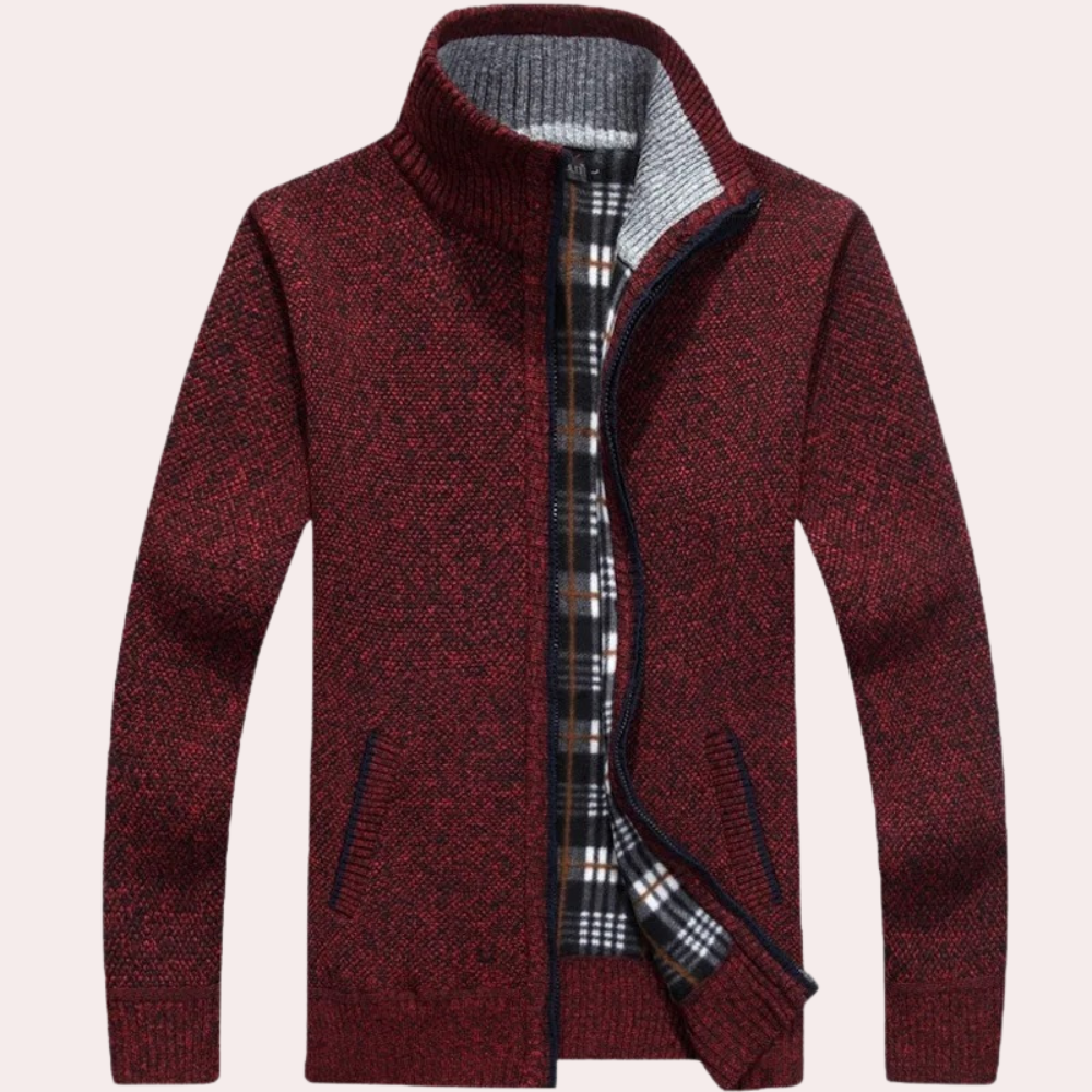 Men's Knitted Zip Cardigan Plaid Lining Mock Neck - VibreMode