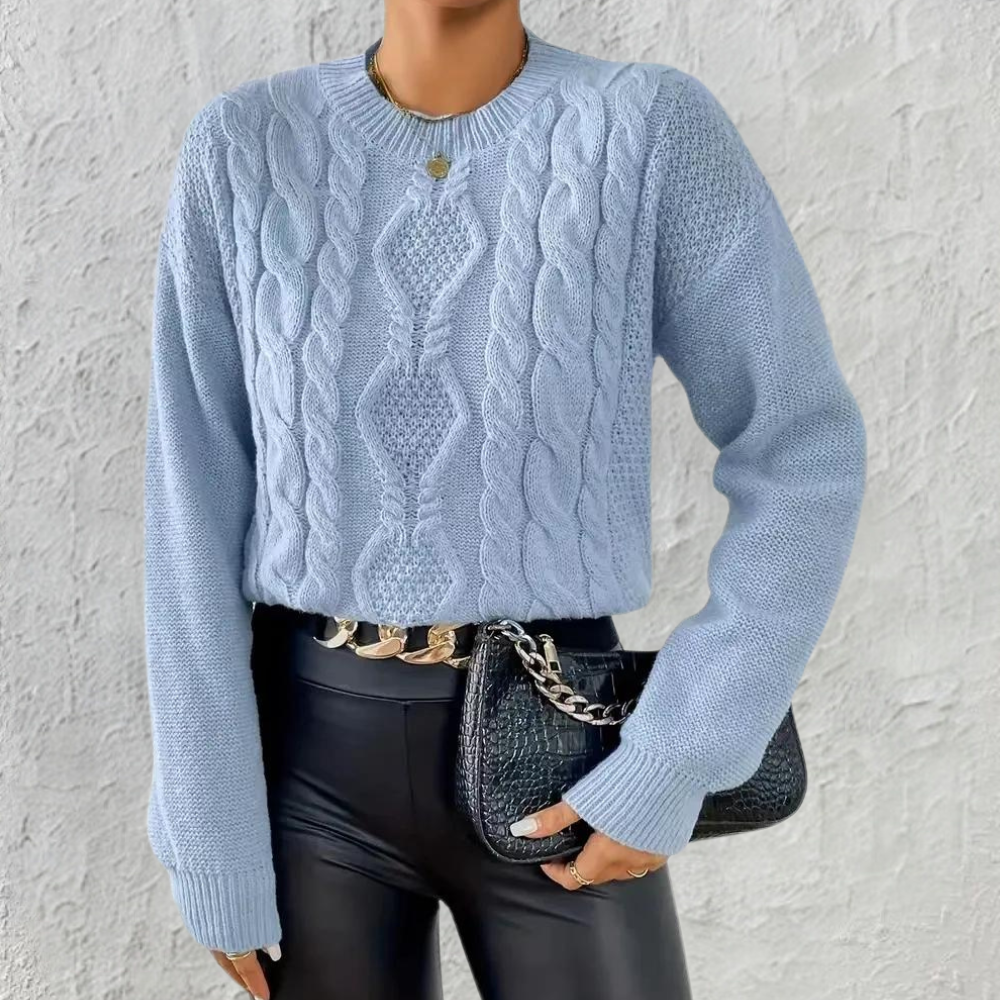 Women's Blue Cable Knit Sweater Long Sleeves - VibreMode