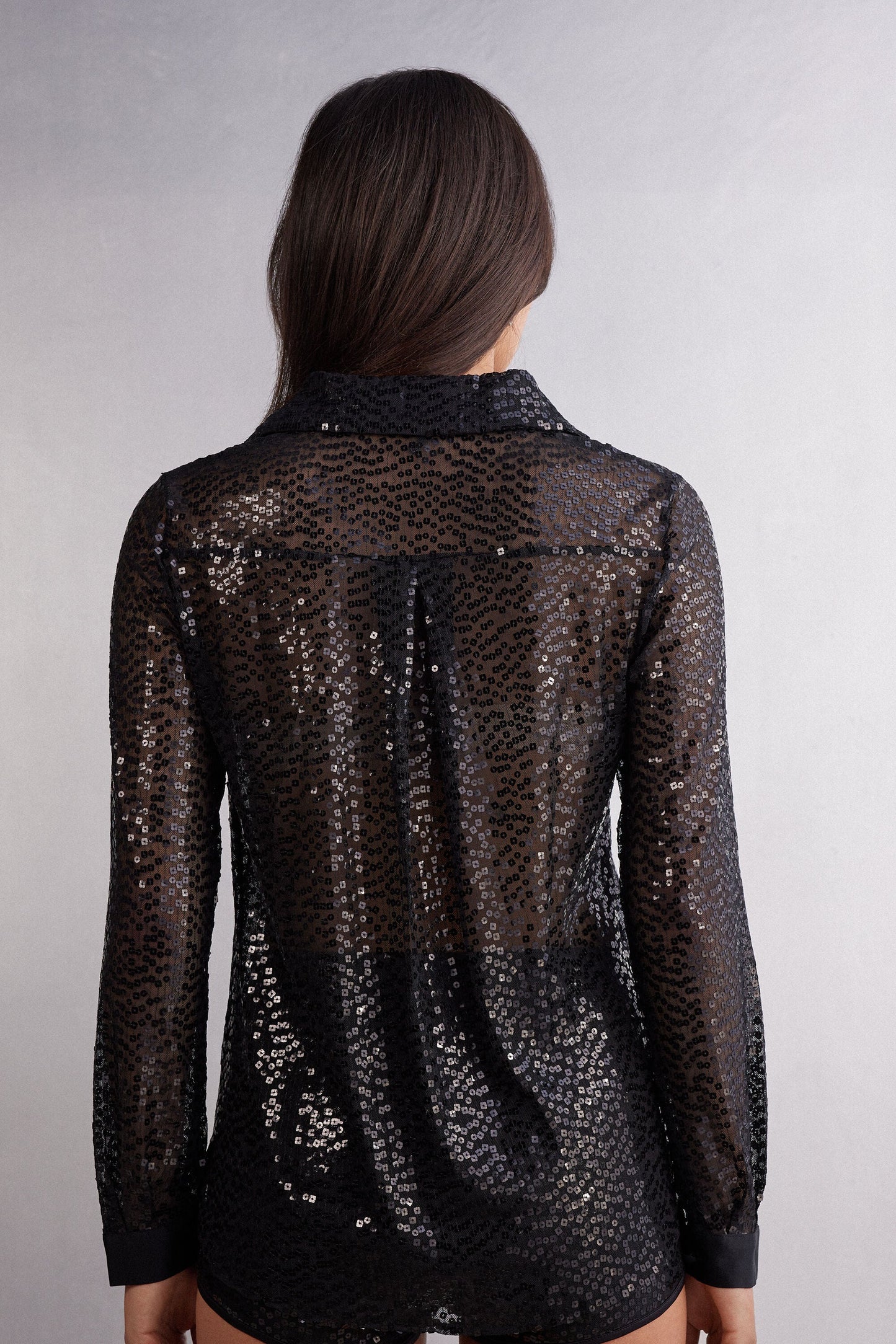 Women's Black Sequin Button-Up Shirt Modern Glam