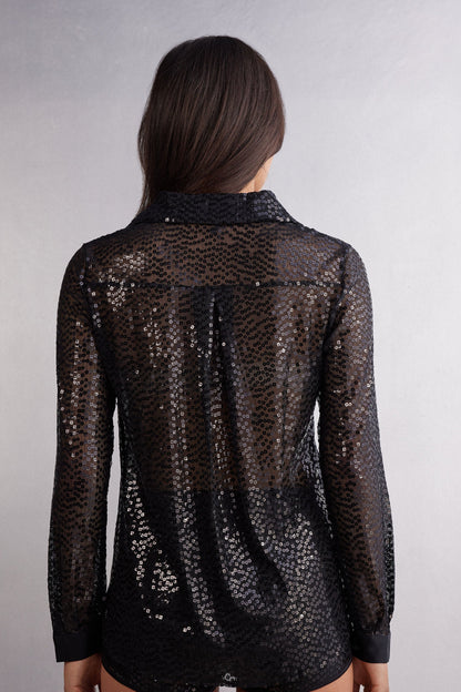 Women's Black Sequin Button-Up Shirt Modern Glam