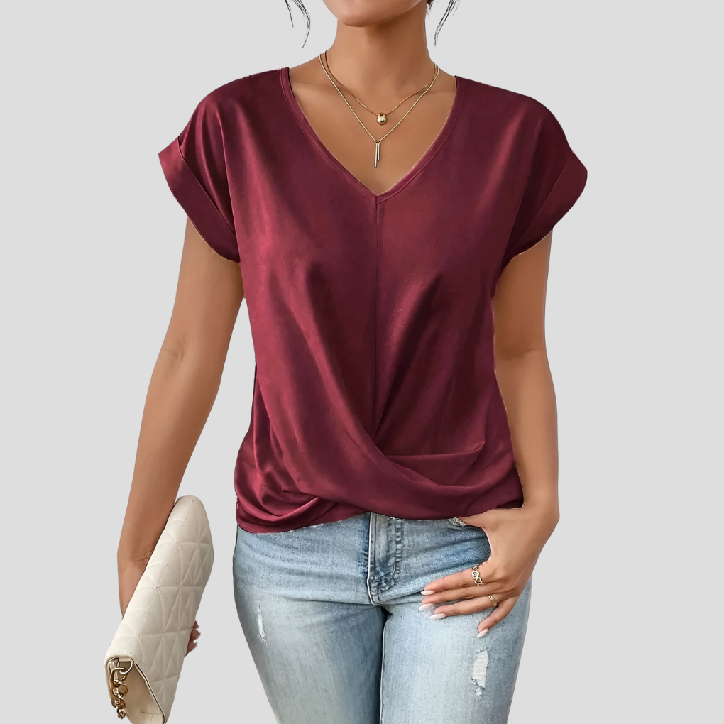 Women's V-Neck Blouse Draped Hem