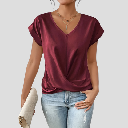 Women's V-Neck Blouse Draped Hem