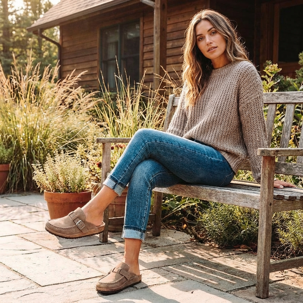 Soft Leather Mule Shoes with Adjustable Strap and Grip Sole
