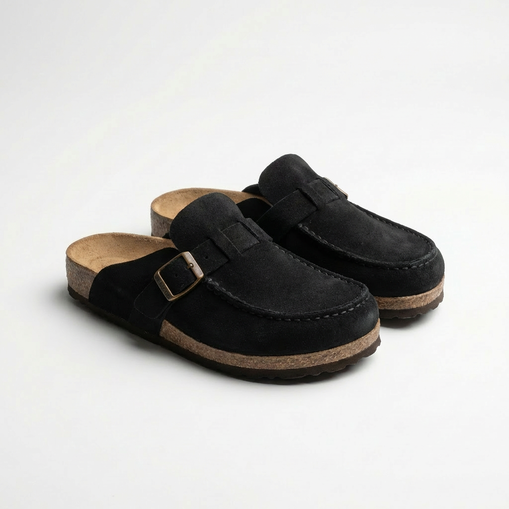 Soft Leather Mule Shoes with Adjustable Strap and Grip Sole