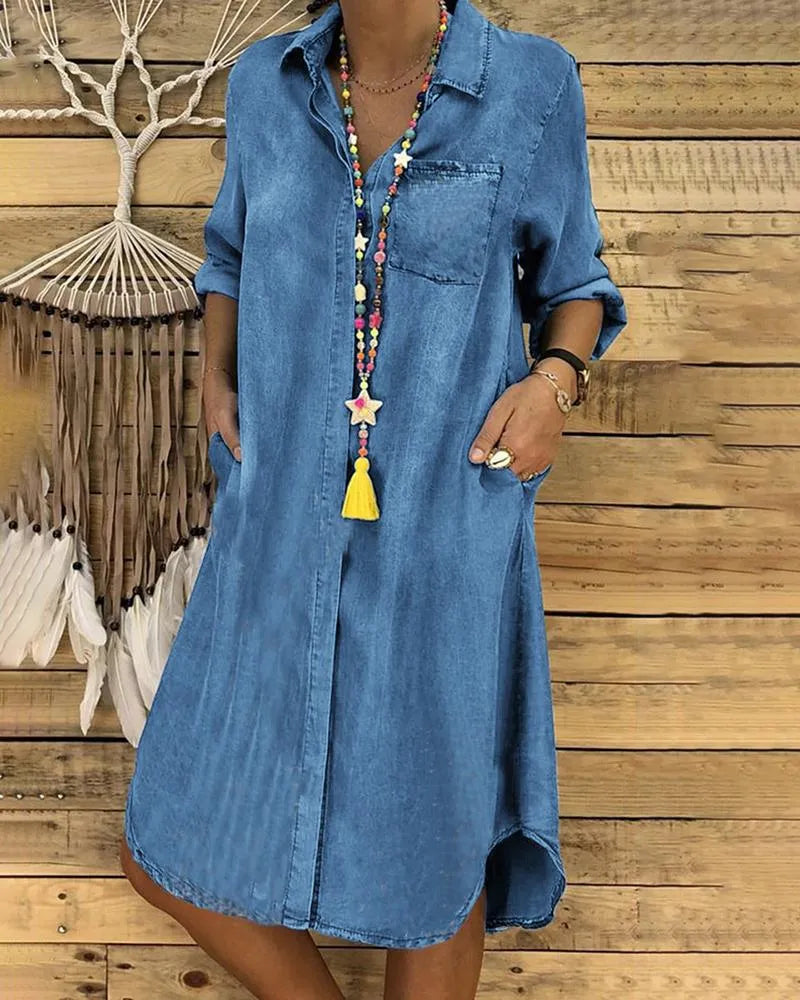 Women's Denim Shirt Dress Comfortable Fit - VibreMode