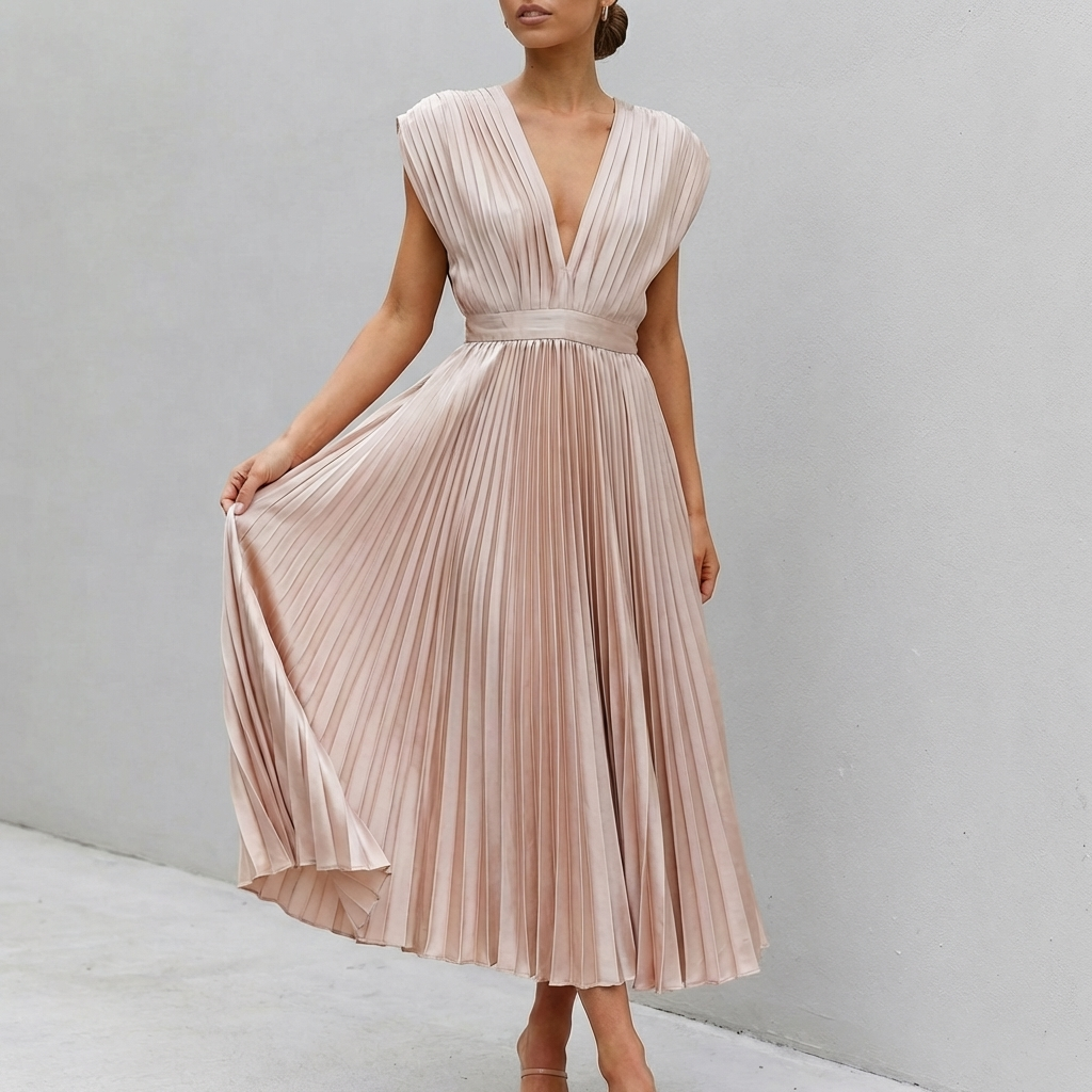 Women's Midi Dress Draped Bodice Defined Waist - VibreMode