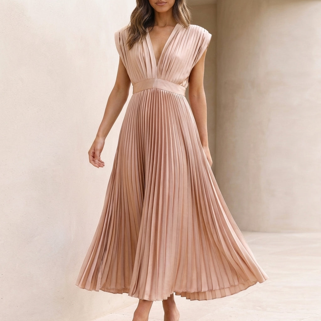 Women's Pleated Maxi Dress V-Neck Waist Defined