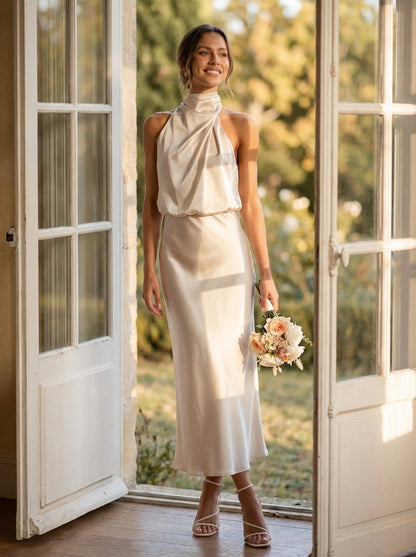 Women's Midi Dress Cowl Neck Halter Sleeek Silhouette - VibreMode