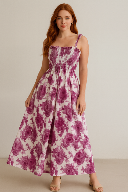 Women's Floral Maxi Dress Cotton Smocked Pink White - VibreMode