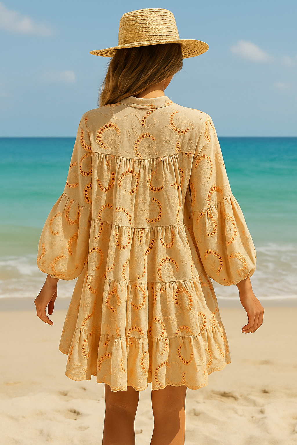 Beige Embroidered Summer Dress Flowy Sleeves Tropical Style