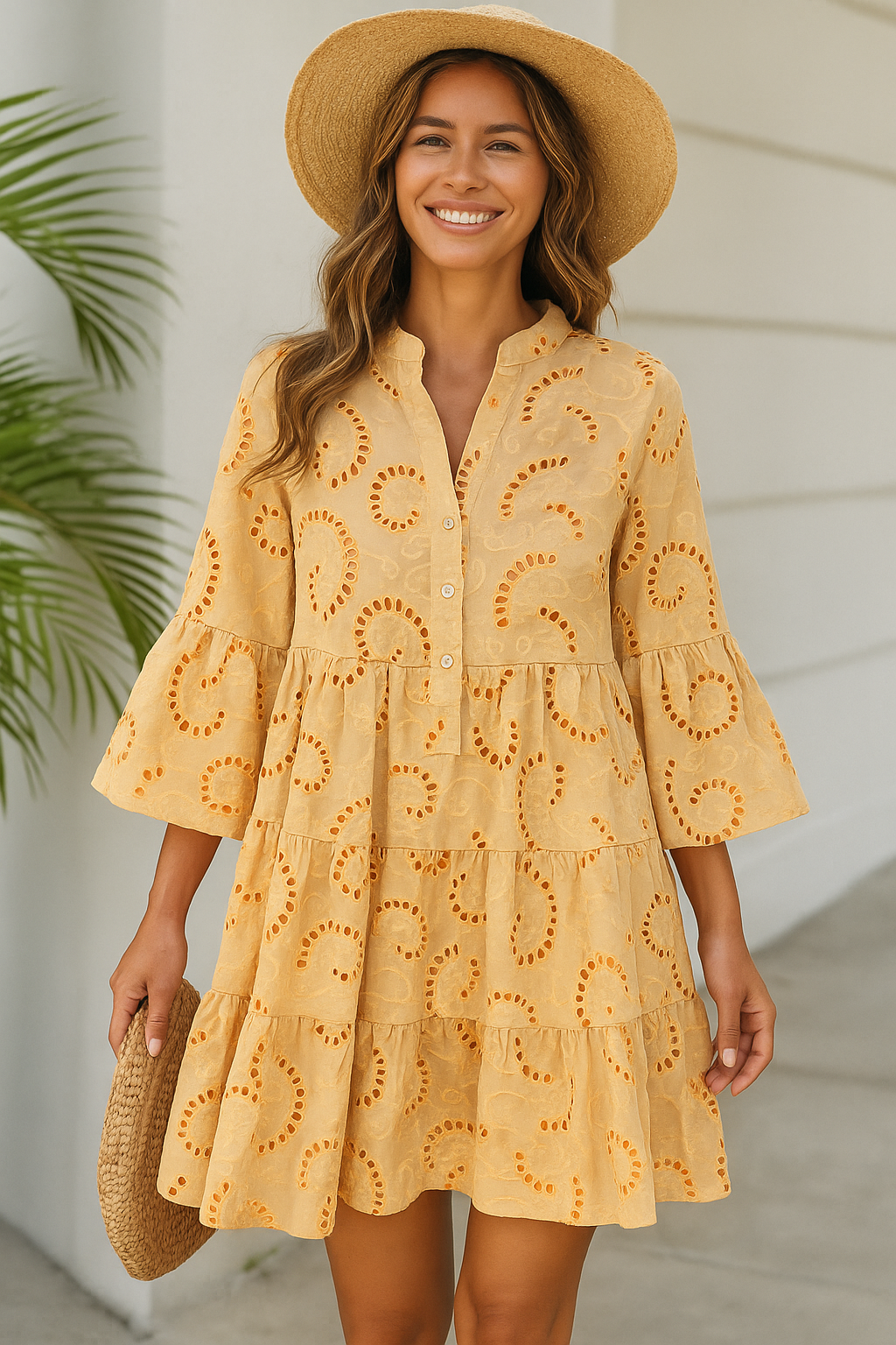 Beige Embroidered Summer Dress Flowy Sleeves Tropical Style - VibreMode