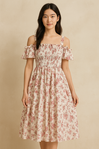 Women's Floral Midi Dress Off-Shoulder - VibreMode
