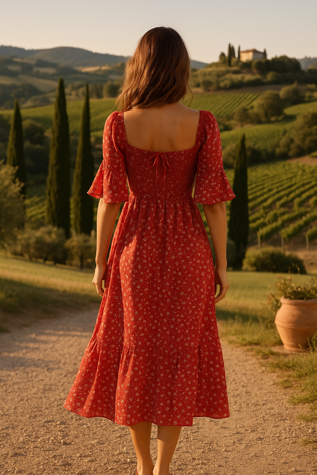 Women's Floral Midi Dress Square Neck Ruffle Sleeves Red