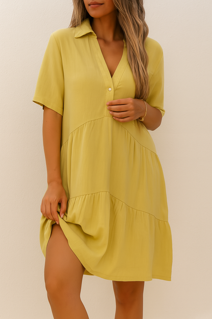 Women's Linen Tiered Shirt Dress Yellow