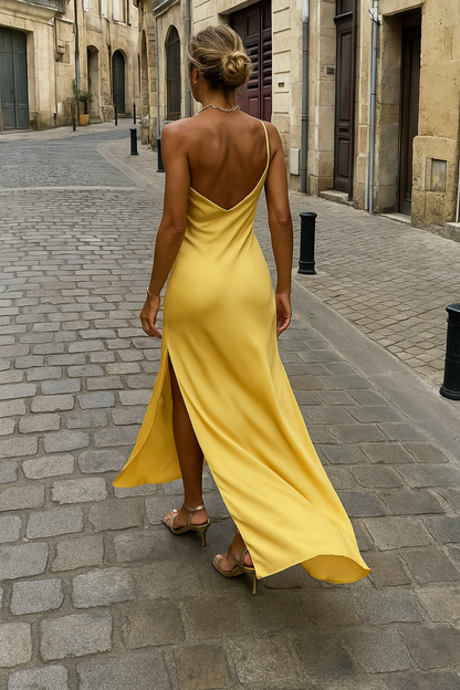 Women's Satin One-Shoulder Slip Dress Yellow