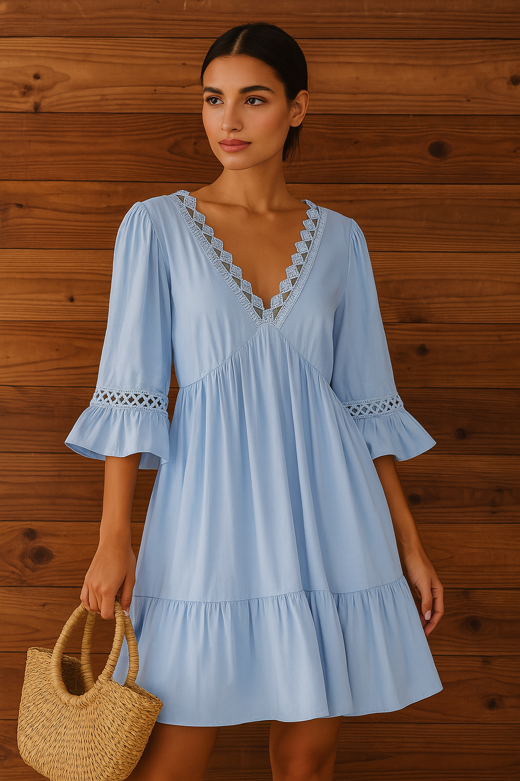 Women's Midi Dress Sky Blue Lace Trim - VibreMode