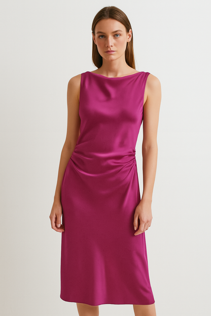 Women's Fuchsia Satin Midi Dress Side Draping