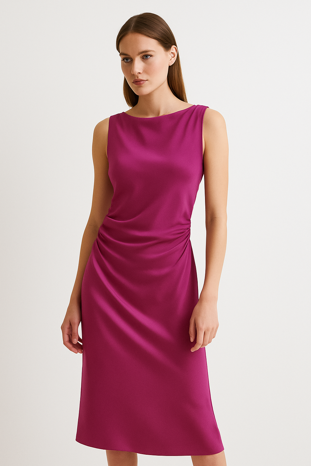 Women's Fuchsia Satin Midi Dress Side Draping - VibreMode