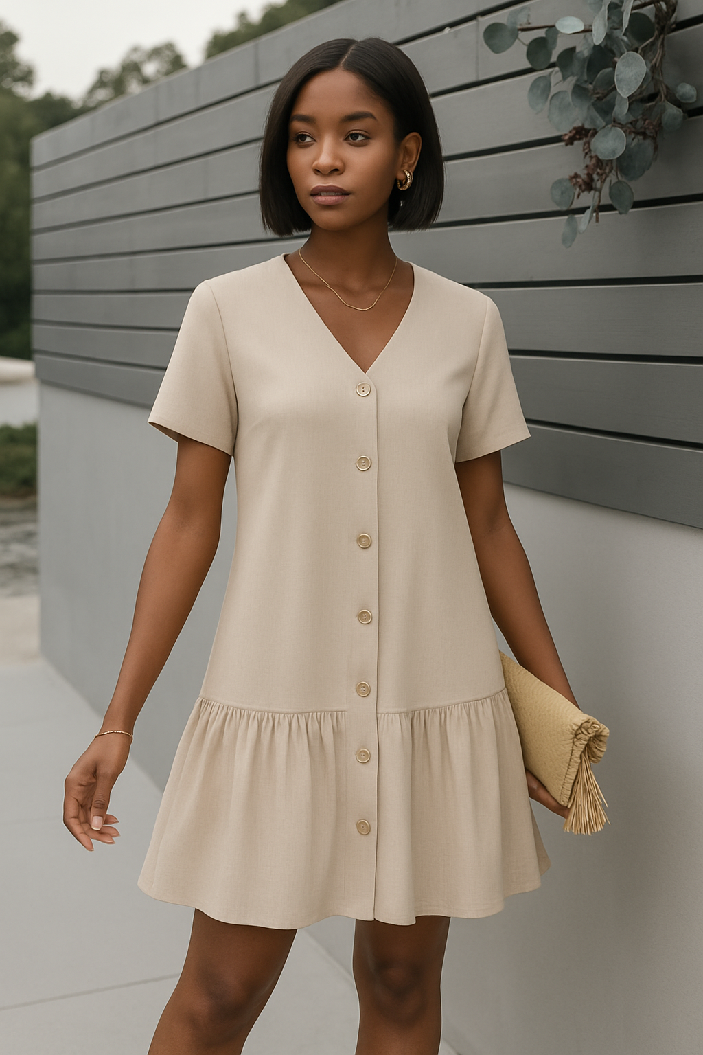 Women's Light Beige Summer Dress Button Back - VibreMode