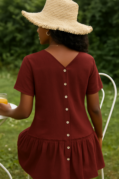 Women's Burgundy Button Down Summer Dress Ruffle Hem