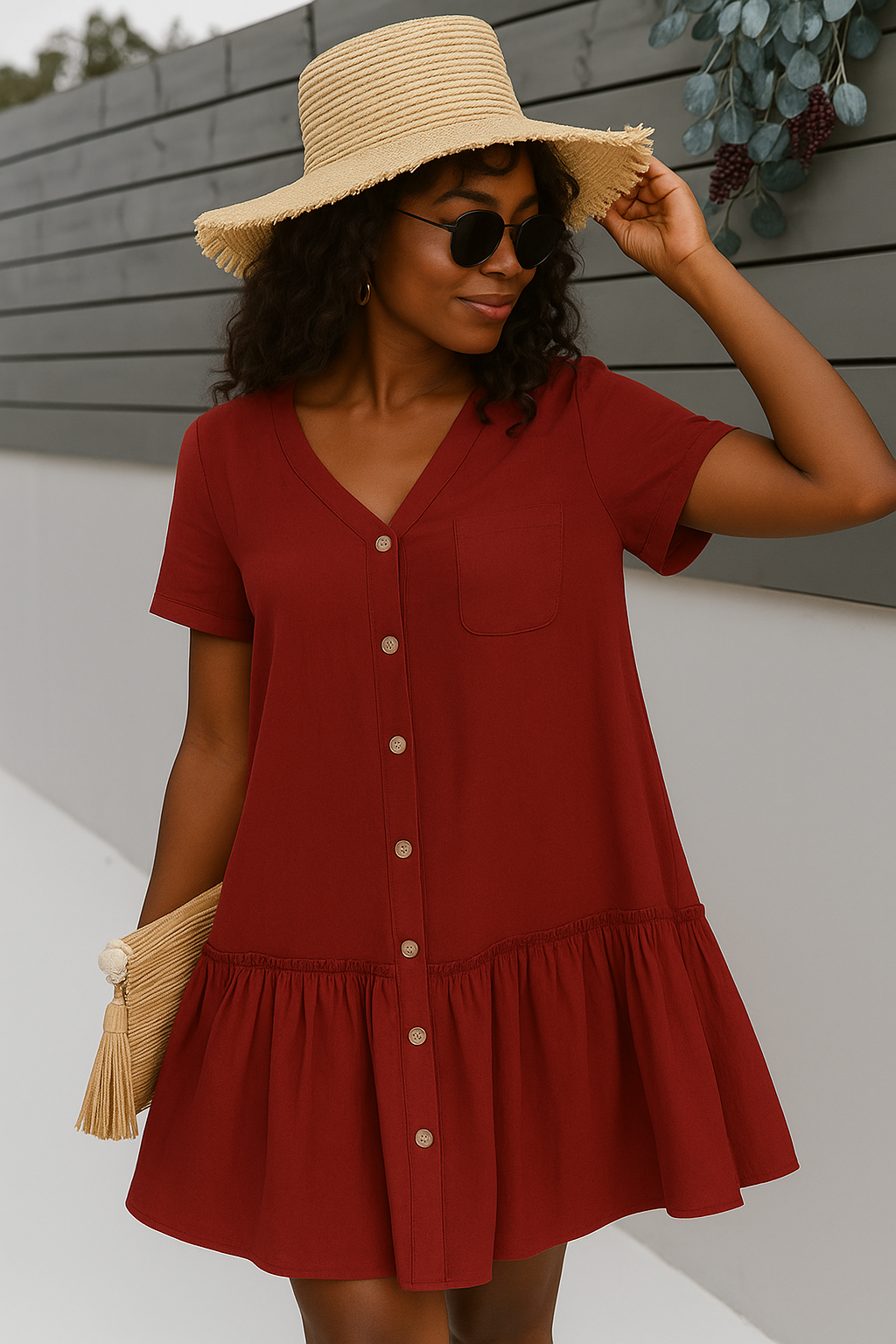 Women's Burgundy Button Down Summer Dress Ruffle Hem - VibreMode