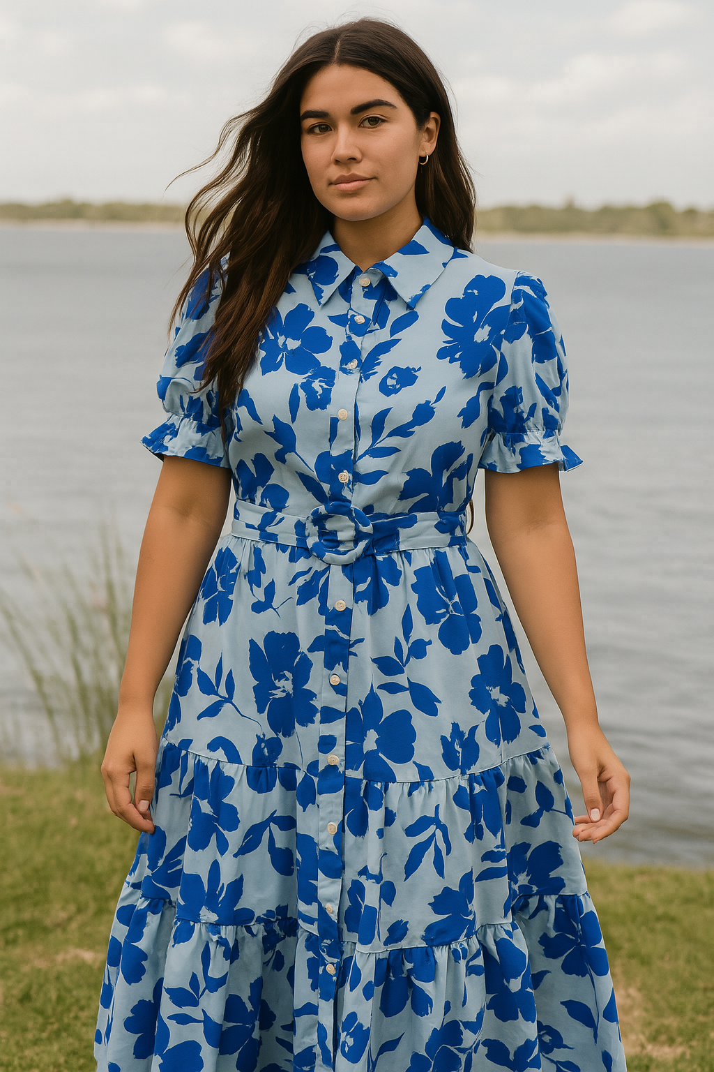 Women's Midi Dress Floral Light Blue Bold Print