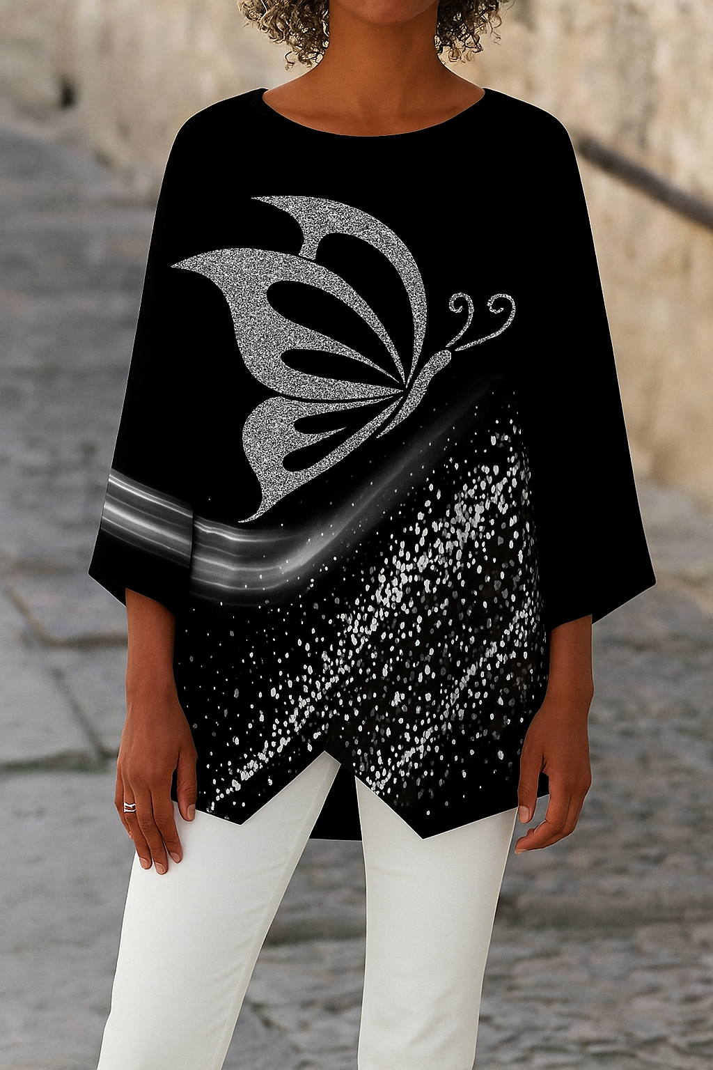 Women's Round Neck Long Sleeve Blouse Butterfly Print