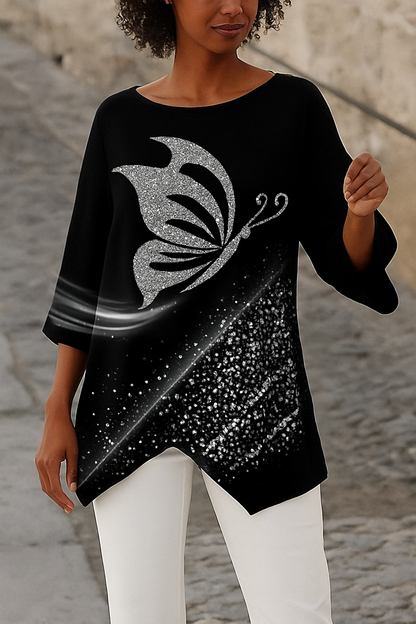 Women's Round Neck Long Sleeve Blouse Butterfly Print - VibreMode