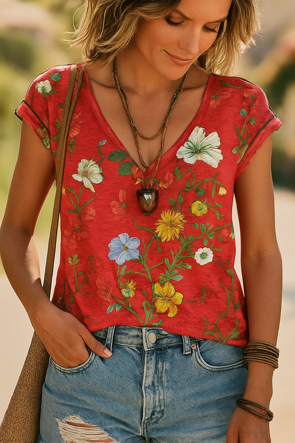 Women's V-Neck Floral T-Shirt - VibreMode